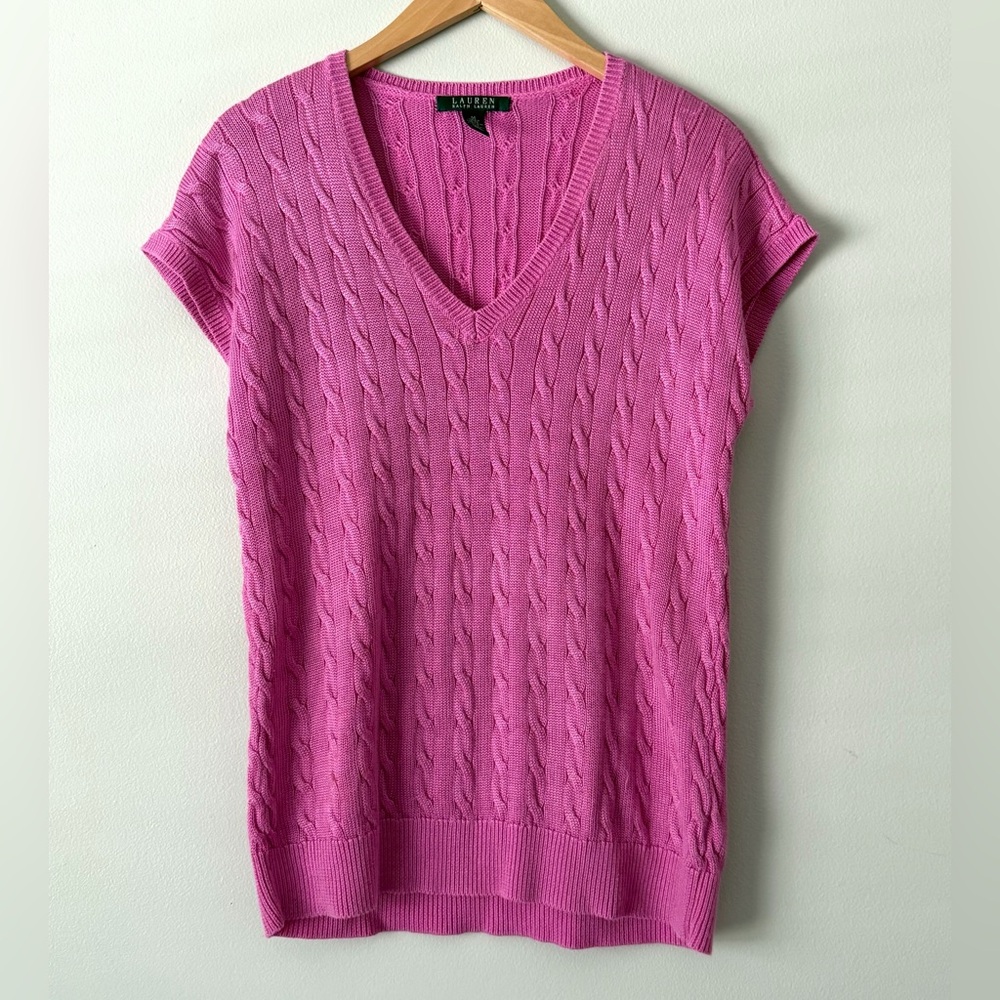 Ralph Lauren Lilac Pink Cable-Knit V-Neck Sweater Cotton Viscose Sz M